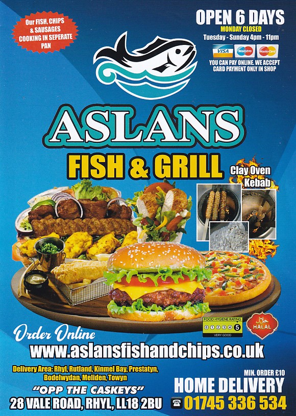 Menu of Aslans Rhyl