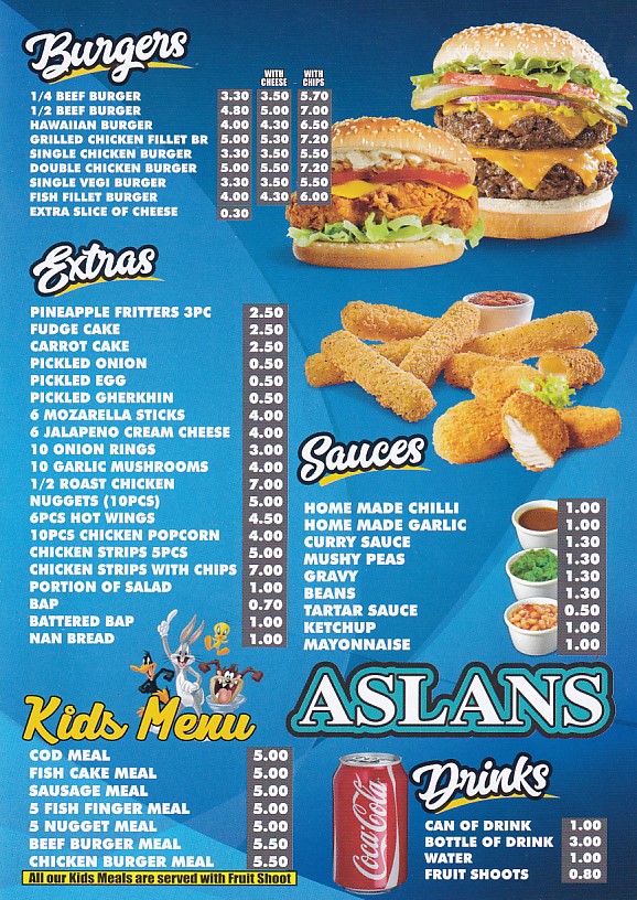 Menu of Aslans Rhyl