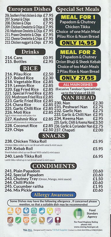 Menu of Neel Akash Tandoori Rhyl