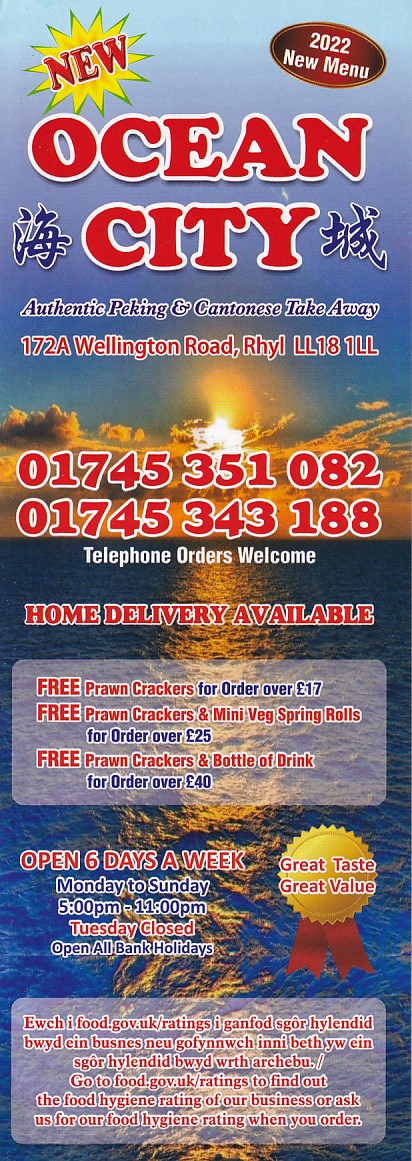 Menu of Ocean City, Chinese Rhyl