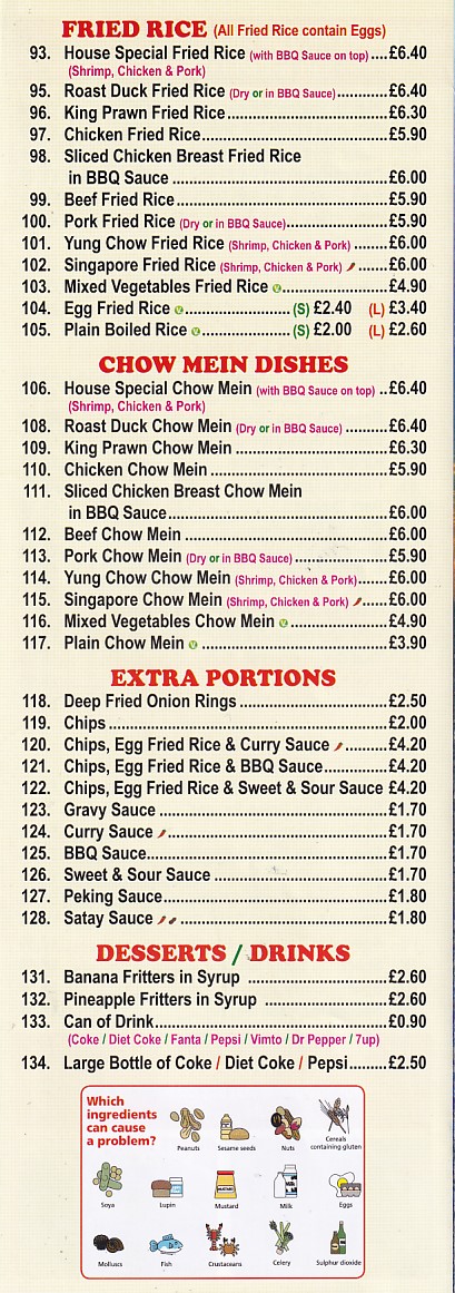 Menu of Ocean City, Chinese Rhyl