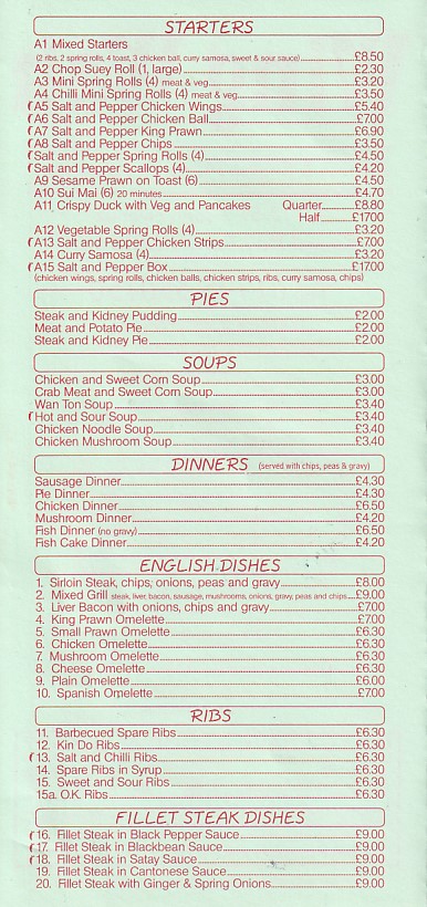 Wing Wah chinese menu in Kinmel Bay LL18