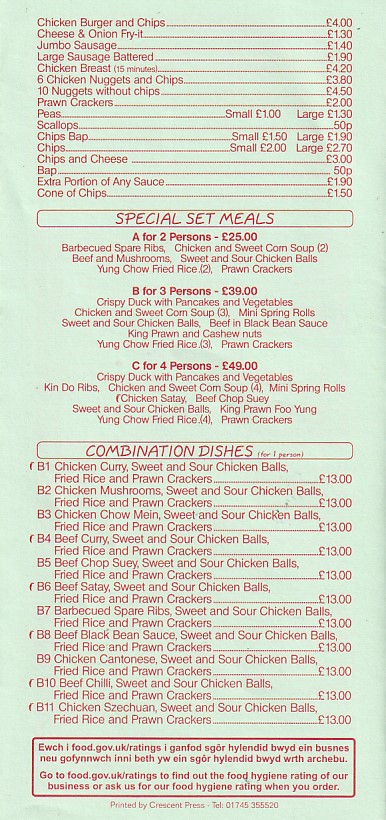 Wing Wah chinese menu in Kinmel Bay LL18