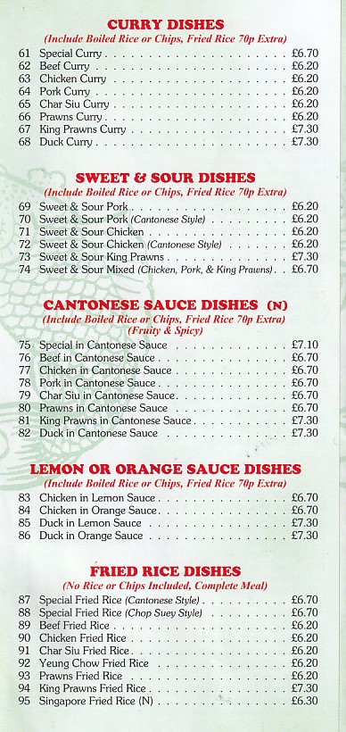 Menu of Wong's Rhyl Cantonese and English takeaway