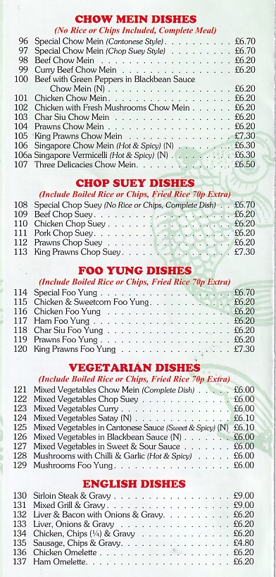Menu of Wong's Rhyl Cantonese and English takeaway
