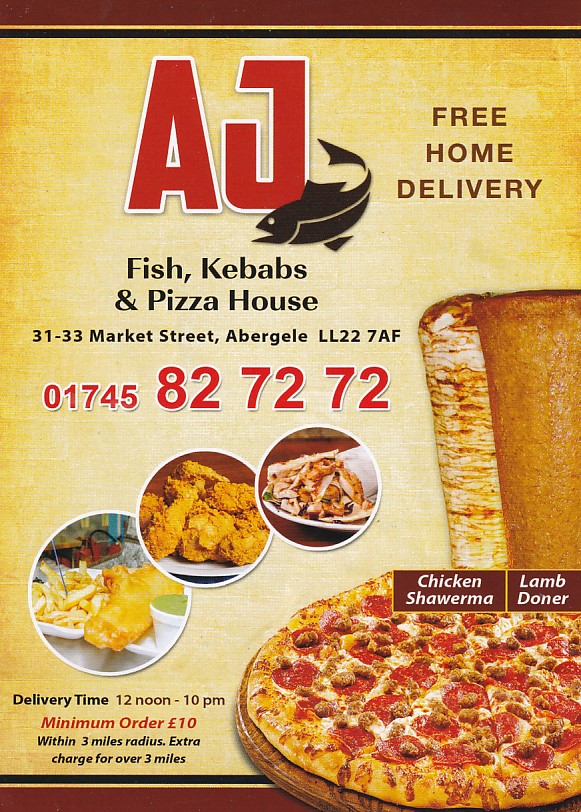 Menu of AJ Fish, Kebabs Pizzas Rhyl