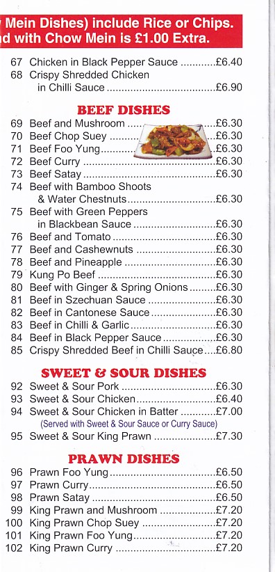 Menu of Great Wall Abergele