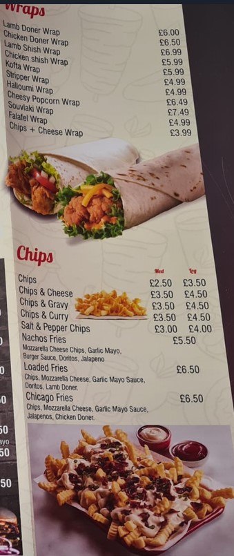 Menu of Colwyn Bay kebab  takeaway in Colwyn Bay