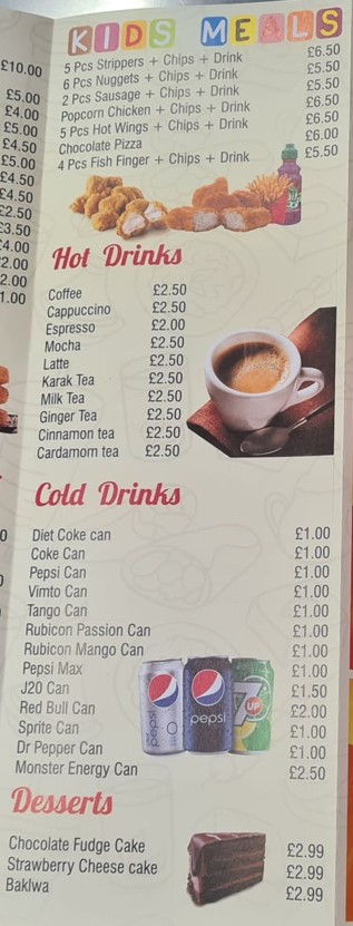 Menu of Colwyn Bay kebab  takeaway in Colwyn Bay