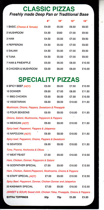 Godfather pizza Kebab menu in Llandudno LL30