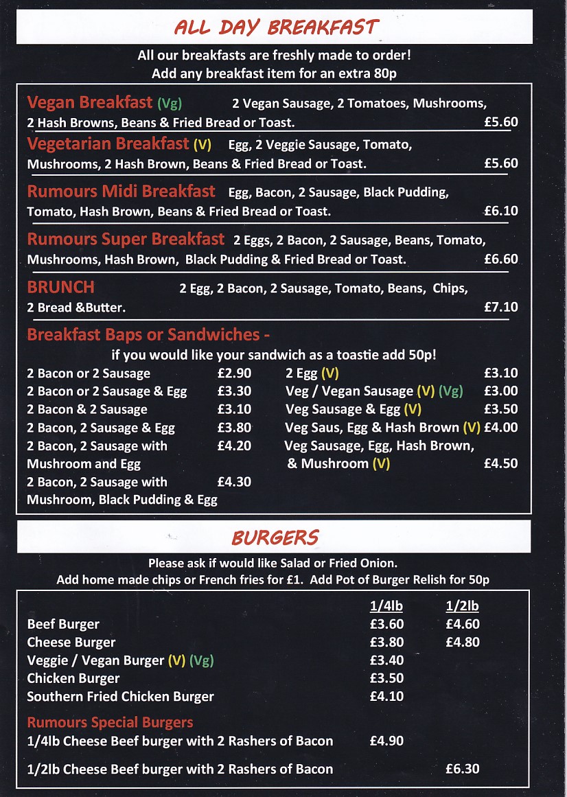 Menu of Rumours, Coffee Shop and Grill