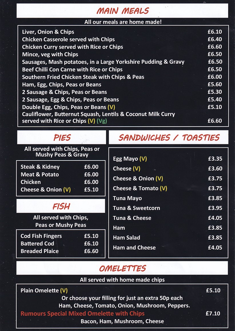 Menu of Rumours, Coffee Shop and Grill