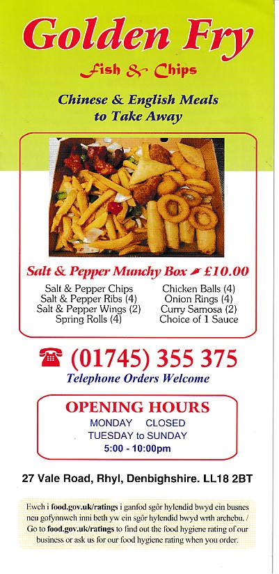 Menu of Golden Fry Chinese Rhyl