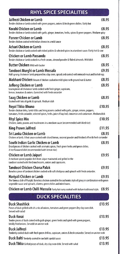 Menu of Rhyl Spice Indan