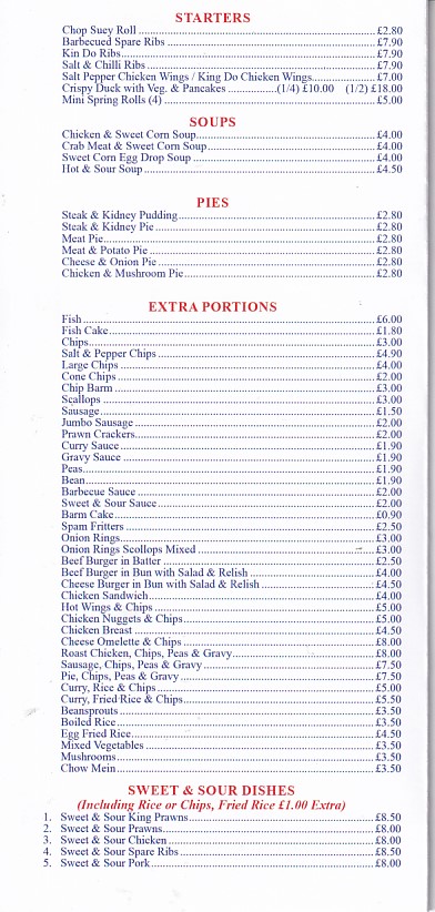 Menu of James Fish Bar Prestatyn