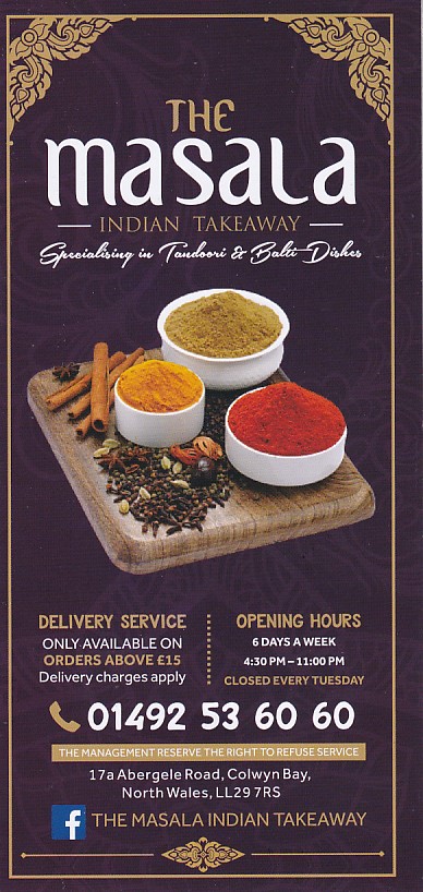 Menu of Masala Indian Takeaway in Colwyn Bay